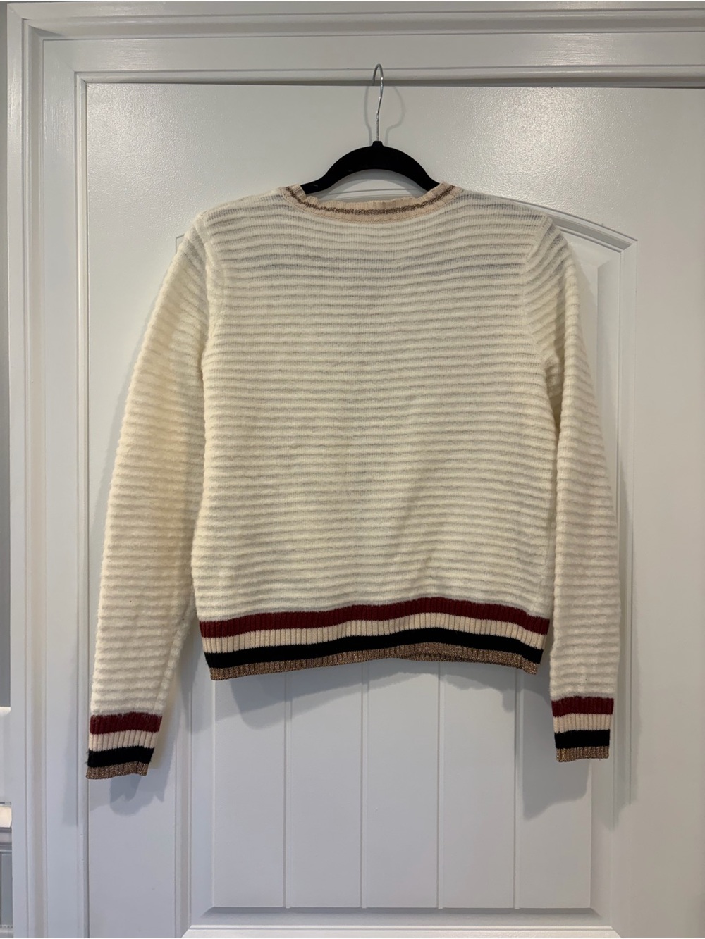 L'AGENCE Cream Textured Open Cardigan with Red and Black Stripe Accents - Picture 4 of 4